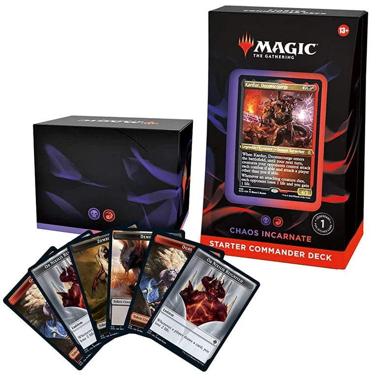 Magic: the Gathering - Starter Commander Decks - The Gathering Starter Commander Deck box with red and black design, featuring a prominent card image and six fanned-out.