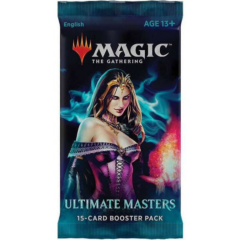 Magic: The Gathering - Ultimate Masters Booster Pack - The Gathering Ultimate Masters booster pack with dark blue background, featuring a sorceress holding magical fire, labeled.