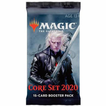 Magic: The Gathering - Core Set 2020 Booster Pack - The Gathering Core Set 2020 booster pack with dark blue packaging featuring a pale warrior holding a glowing sword, red.