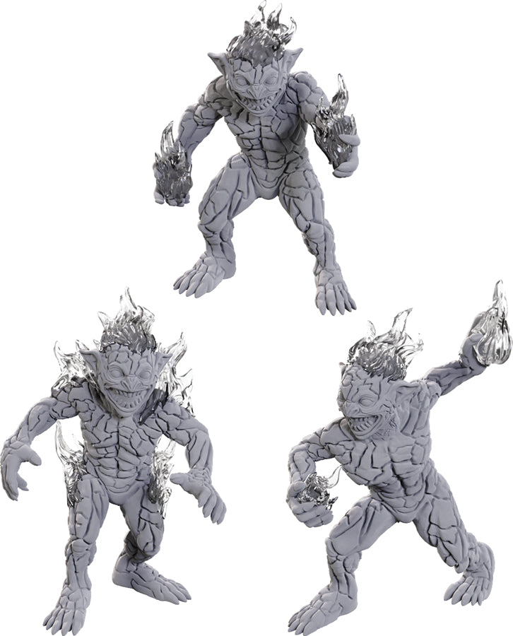 D&D Nolzur's Marvelous Miniatures: Magmins - Three unpainted gray resin miniatures depicting fiery, humanoid Magmin creatures with textured, molten rock-like skin and.