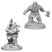 D&D Nolzur's Marvelous Miniatures: Male Dwarf Barbarian - Unpainted gray resin miniature of a muscular male dwarf barbarian wielding a battle axe, wearing rugged armor with detailed.