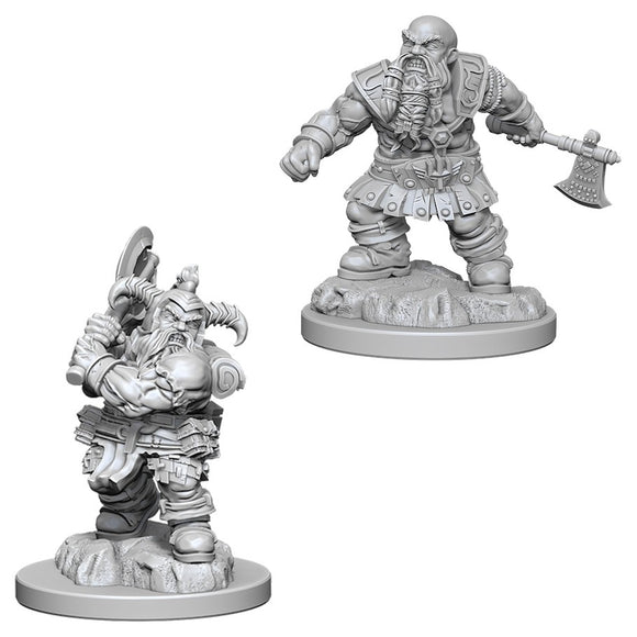 D&D Nolzur's Marvelous Miniatures: Male Dwarf Barbarian - Unpainted gray resin miniature of a muscular male dwarf barbarian wielding a battle axe, wearing rugged armor with detailed.