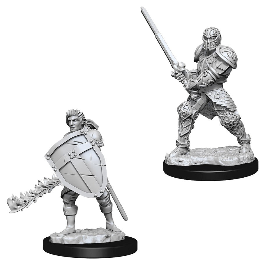 D&D Nolzur's Marvelous Miniatures: Male Human Fighter - Two unpainted gray plastic miniatures of male human fighters, one wielding a sword and shield with a flaming mace, the other