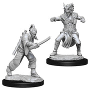D&D Nolzur's Marvelous Miniatures: Male Human Monk - Two gray plastic miniatures of a male human monk in dynamic martial arts poses, detailed with armor, robes, and a katana on.