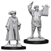 D&D Nolzur's Marvelous Miniatures: Mayor & Town Crier - Unpainted gray resin miniatures of a medieval mayor in a fur-lined robe and a town crier holding a scroll and bell.