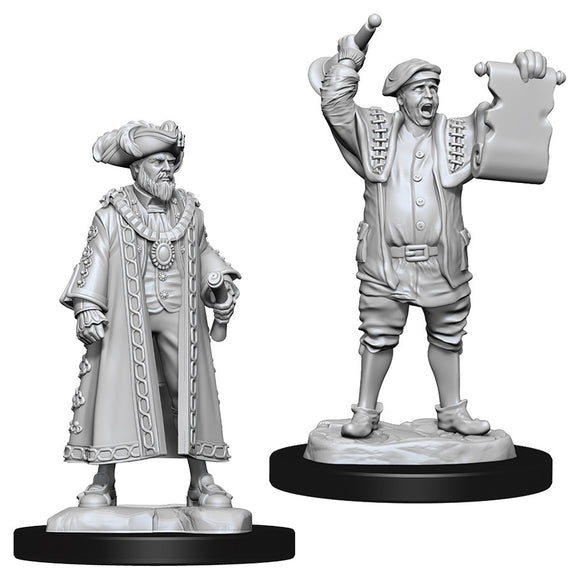 D&D Nolzur's Marvelous Miniatures: Mayor & Town Crier - Unpainted gray resin miniatures of a medieval mayor in a fur-lined robe and a town crier holding a scroll and bell.