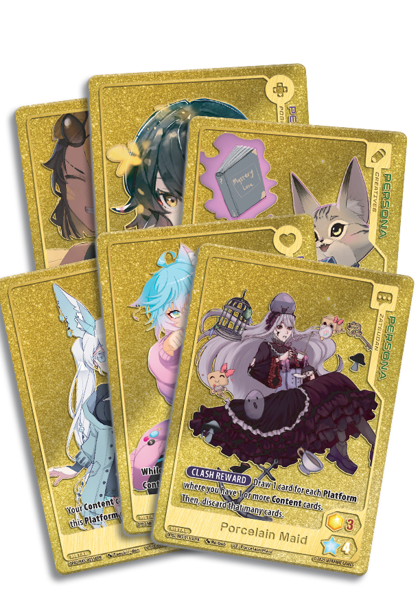 Oshi Push TCG: Gen Two Hidden Links - Metal Card Set (PREORDER) - Six gold-bordered trading cards featuring colorful anime-style characters and fantasy creatures with intricate designs and.