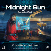 Netrunner: Borealis: Midnight Sun - Card game box featuring a man in a red parka holding a glowing blue holographic cube, snowy landscape, crane lifting a crate