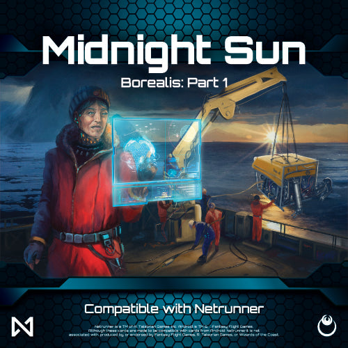 Netrunner: Borealis: Midnight Sun - Card game box featuring a man in a red parka holding a glowing blue holographic cube, snowy landscape, crane lifting a crate