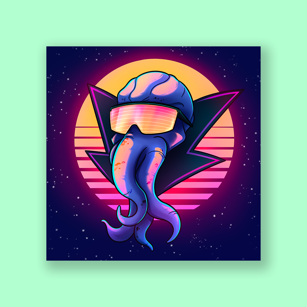 Mind Slayer DnD Sticker - Purple tentacled creature with neon orange sunglasses against retro pink and orange sunset background.
