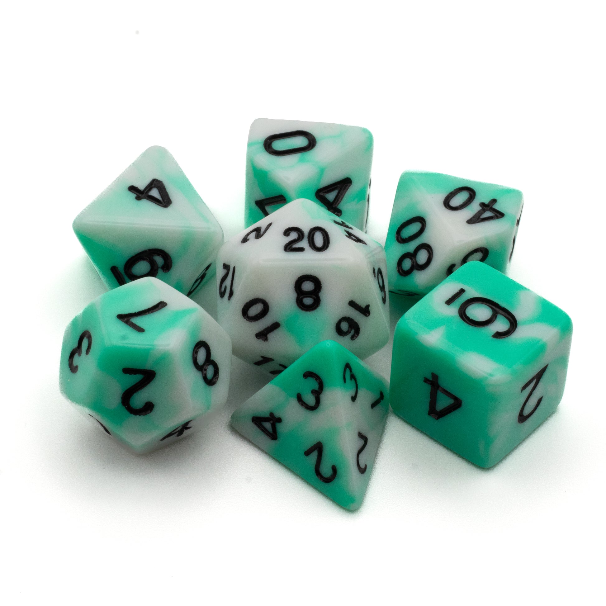Mint and White Marbled Dice Set - Seven acrylic dice set with mint green and white marble pattern and black numbers, including d20, d12, d10, d8, d6, d4, and.