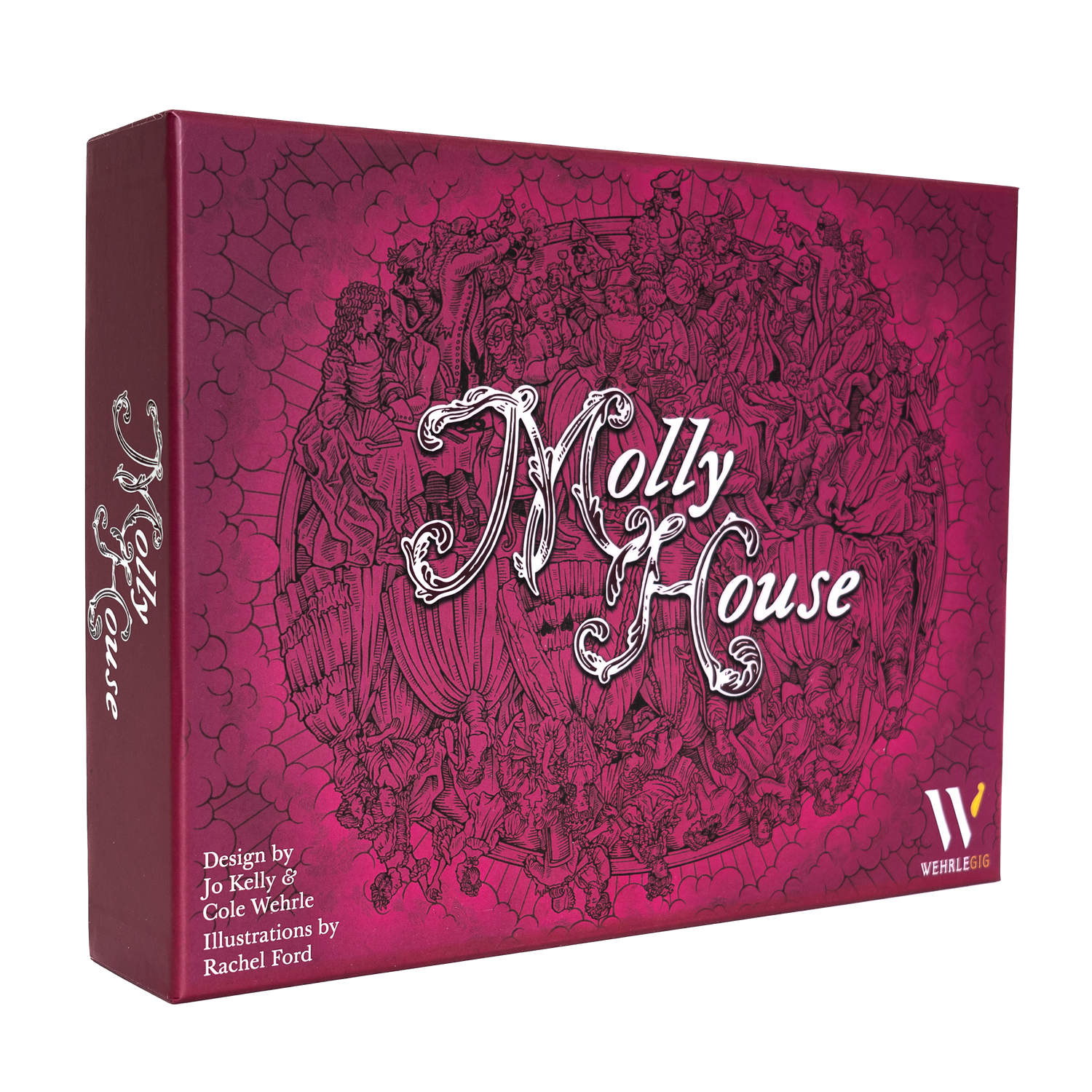Molly House (PREORDER) - Dark pink rectangular board game box with intricate floral and character illustrations and ornate white "Molly House" title.