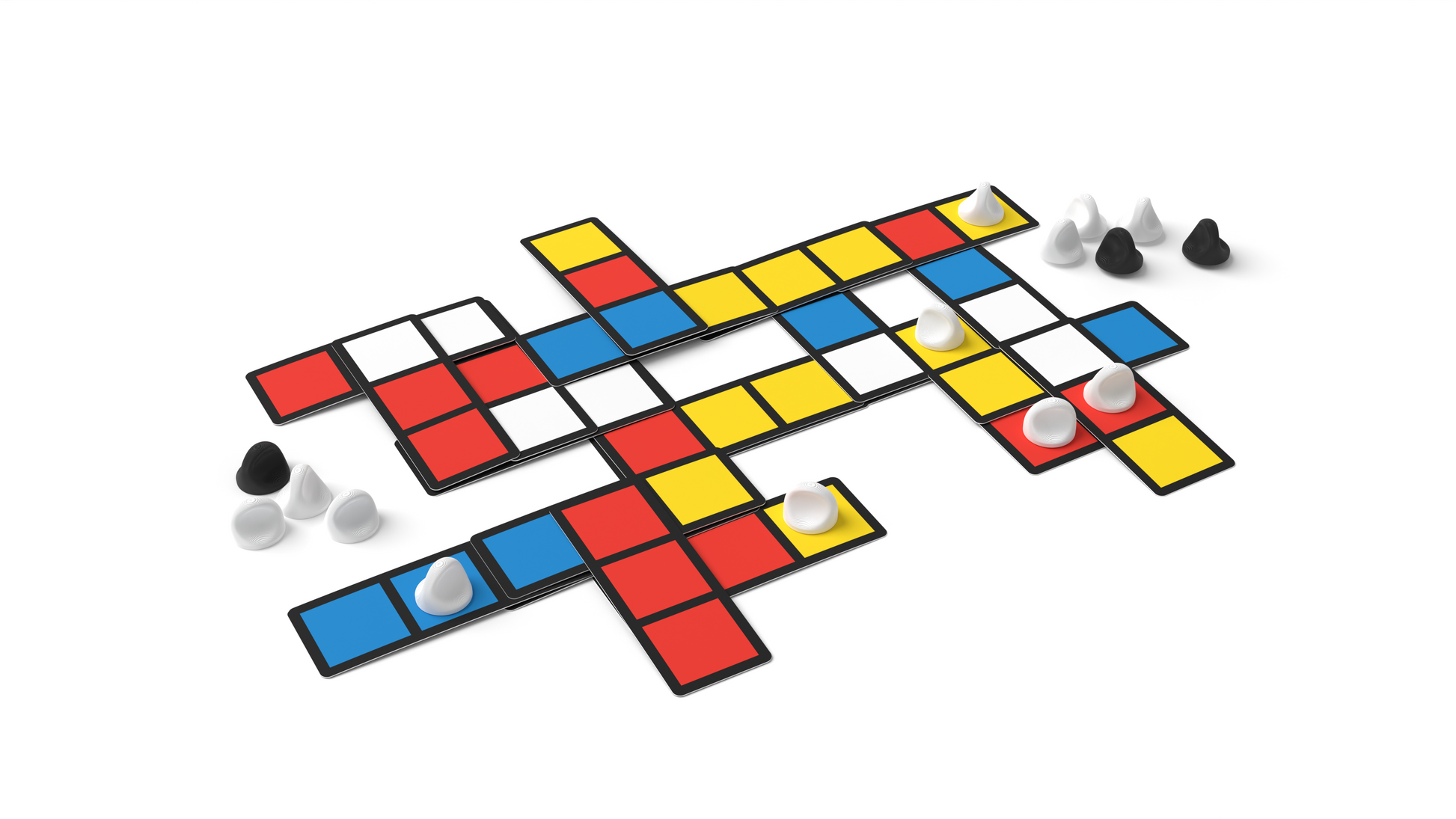 Mondrian: Color in Motion - Abstract grid board with red, yellow, and blue squares, black and white cone and disc game pieces.