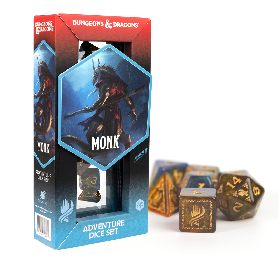 D&D Adventure Dice: Monk (Blue) - Blue and gold Dungeons & Dragons monk-themed polyhedral dice set with character artwork on box.