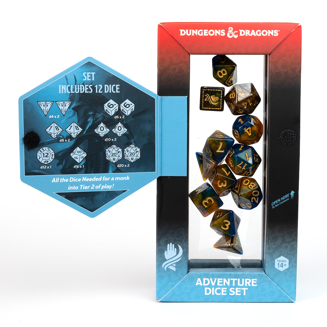 D&D Adventure Dice: Monk (Blue) - Set of 12 blue and gold marbled polyhedral dice with yellow numbers, in black and red Dungeons & Dragons Adventure Dice.