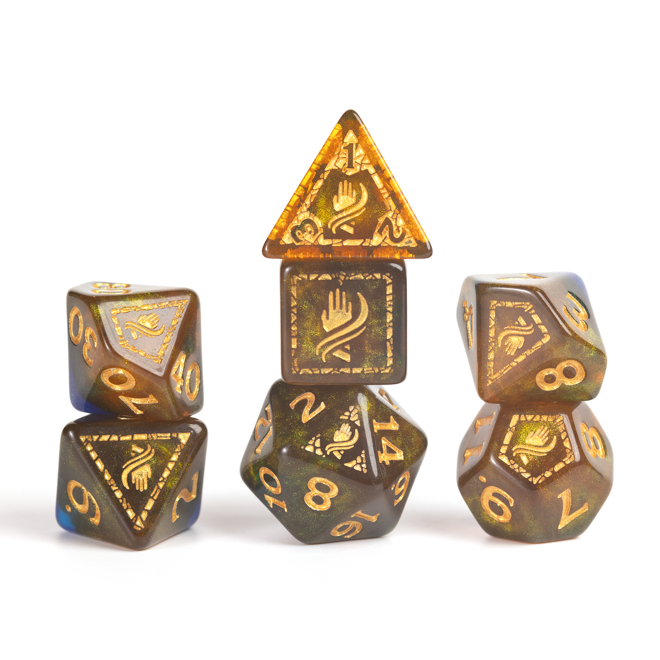 D&D Adventure Dice: Monk (Blue) - Set of seven polyhedral dice in deep blue with gold numbers and intricate monk-themed gold symbols on some faces.