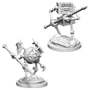 D&D Nolzur's Marvelous Miniatures: Monodrone & Duodrone - One spherical with mechanical limbs and one rectangular with a grinning face, both on round bases.