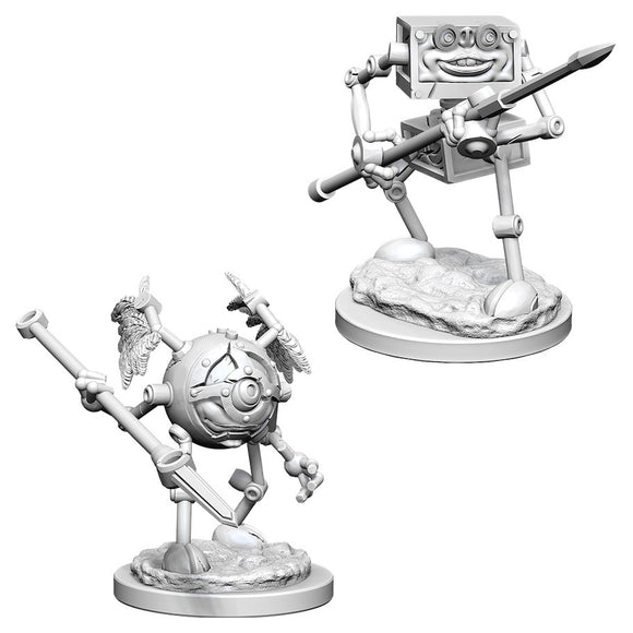 D&D Nolzur's Marvelous Miniatures: Monodrone & Duodrone - One spherical with mechanical limbs and one rectangular with a grinning face, both on round bases.