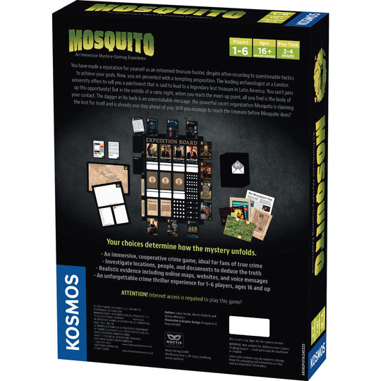 Masters of Crime: Mosquito (PREORDER) - Black and green rectangular card game box with title "Mosquito," featuring images of game components and text on the back.