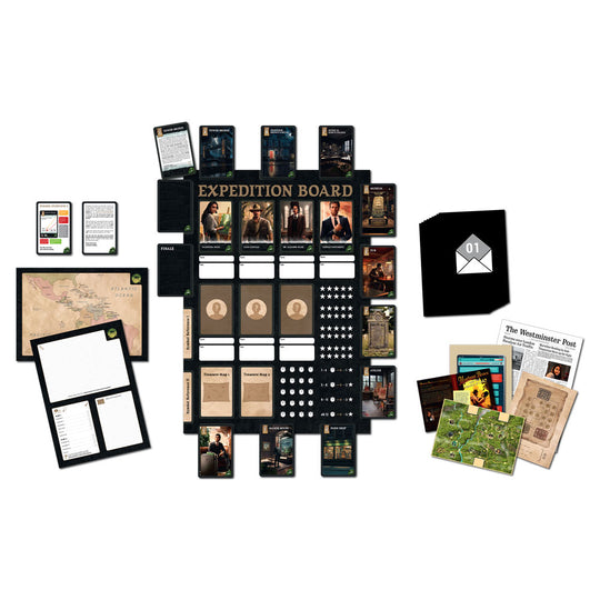 Masters of Crime: Mosquito (PREORDER) - Board game setup with dark-themed expedition board, multiple illustrated cards, token sheets, map, and instruction booklets.