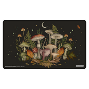 Gamermats Playmat: Mushroom Forest by Episodic Drawing (PREORDER) - Dark playmat featuring a variety of colorful mushrooms, ferns, and leaves under a crescent moon and stars.