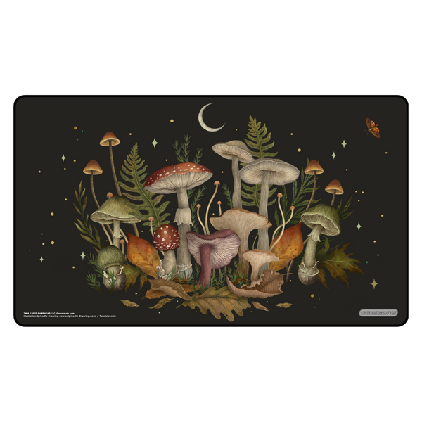 Gamermats Playmat: Mushroom Forest by Episodic Drawing (PREORDER) - Dark playmat featuring a variety of colorful mushrooms, ferns, and leaves under a crescent moon and stars.