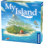 My Island - Board game box with artwork of a tropical island featuring a beach house, palm trees, and a mountainous backdrop under a.