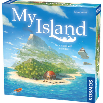 My Island - Board game box with artwork of a tropical island featuring a beach house, palm trees, and a mountainous backdrop under a.