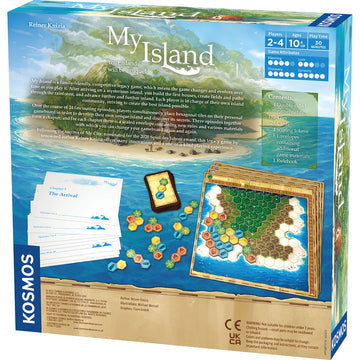 My Island - Square board game box showing a colorful hex tile island map, cards, and blue and orange game tokens on a blue ocean.