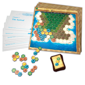 My Island - Colorful hexagonal tiles and cards arranged beside a hex-based game board depicting land and water areas with cards.