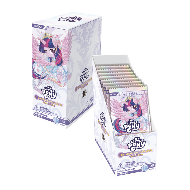 My Little Pony: Friendship Eternal Collectible Cards - Moon Edition Series 3 Booster Display - White display box with pastel purple and pink accents, featuring a winged unicorn character from My Little Pony, holding.