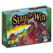 Slay to Win - Slay to Win card game box featuring colorful cartoon dragon and two heroes in fantasy battle scene on green background.