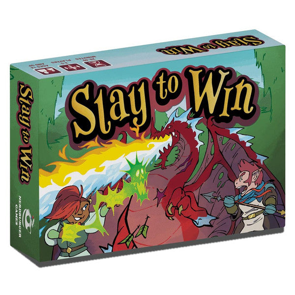 Slay to Win - Slay to Win card game box featuring colorful cartoon dragon and two heroes in fantasy battle scene on green background.