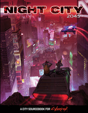 Cyberpunk Red: Night City 2045 (PREORDER) - Futuristic cityscape with neon lights, tall skyscrapers, flying vehicle, two figures on rooftop, dark red and purple tones,.