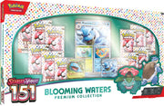 Pokemon Scarlet & Violet 151 Blooming Waters Premium Collection - Pokemon Scarlet & Violet 151 Blooming Waters Premium Collection with colorful trading cards featuring water-type Pokemon.