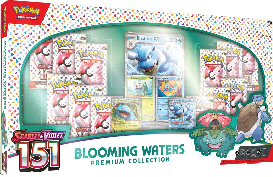Pokemon Scarlet & Violet 151 Blooming Waters Premium Collection - Pokemon Scarlet & Violet 151 Blooming Waters Premium Collection with colorful trading cards featuring water-type Pokemon.