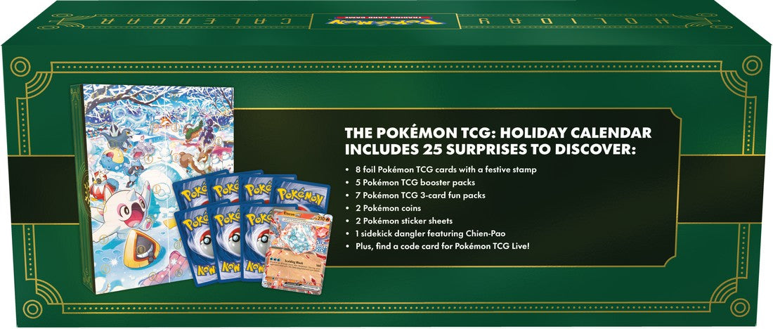 Pokemon 2024 Holiday Calendar - Green holiday calendar box with gold decorative borders and Pokémon TCG holiday calendar contents including illustrated.