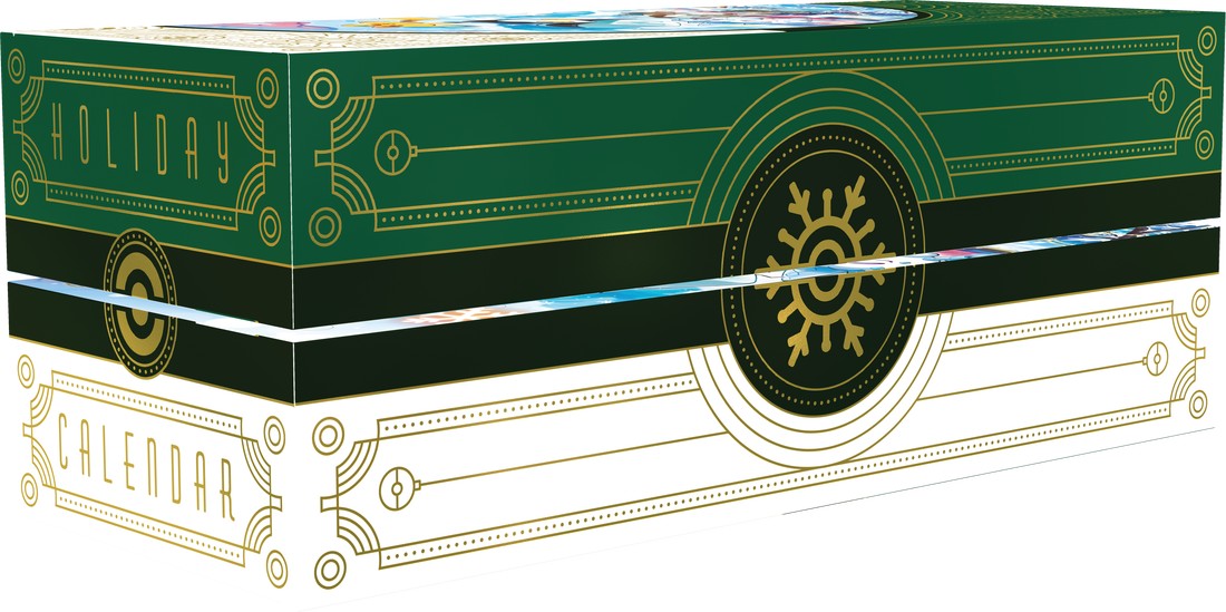Pokemon 2024 Holiday Calendar - Green rectangular holiday calendar box with black and gold decorative lines and a circular sun emblem in the center.