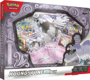 Pokemon Houndstone ex Box - Pokemon Houndstone EX Box featuring a grey and white Houndstone figure, Pokemon cards, and collectible game items in a.
