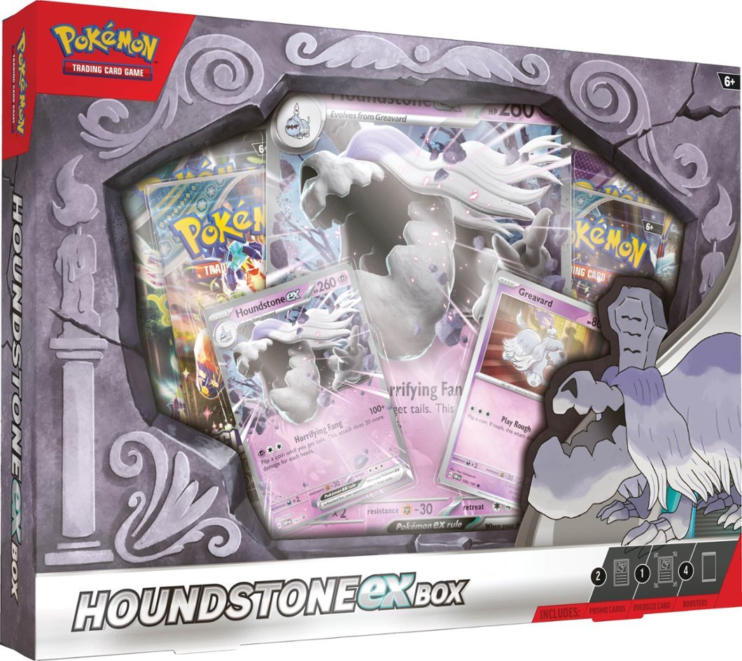 Pokemon Houndstone ex Box - Pokemon Houndstone EX Box featuring a grey and white Houndstone figure, Pokemon cards, and collectible game items in a.