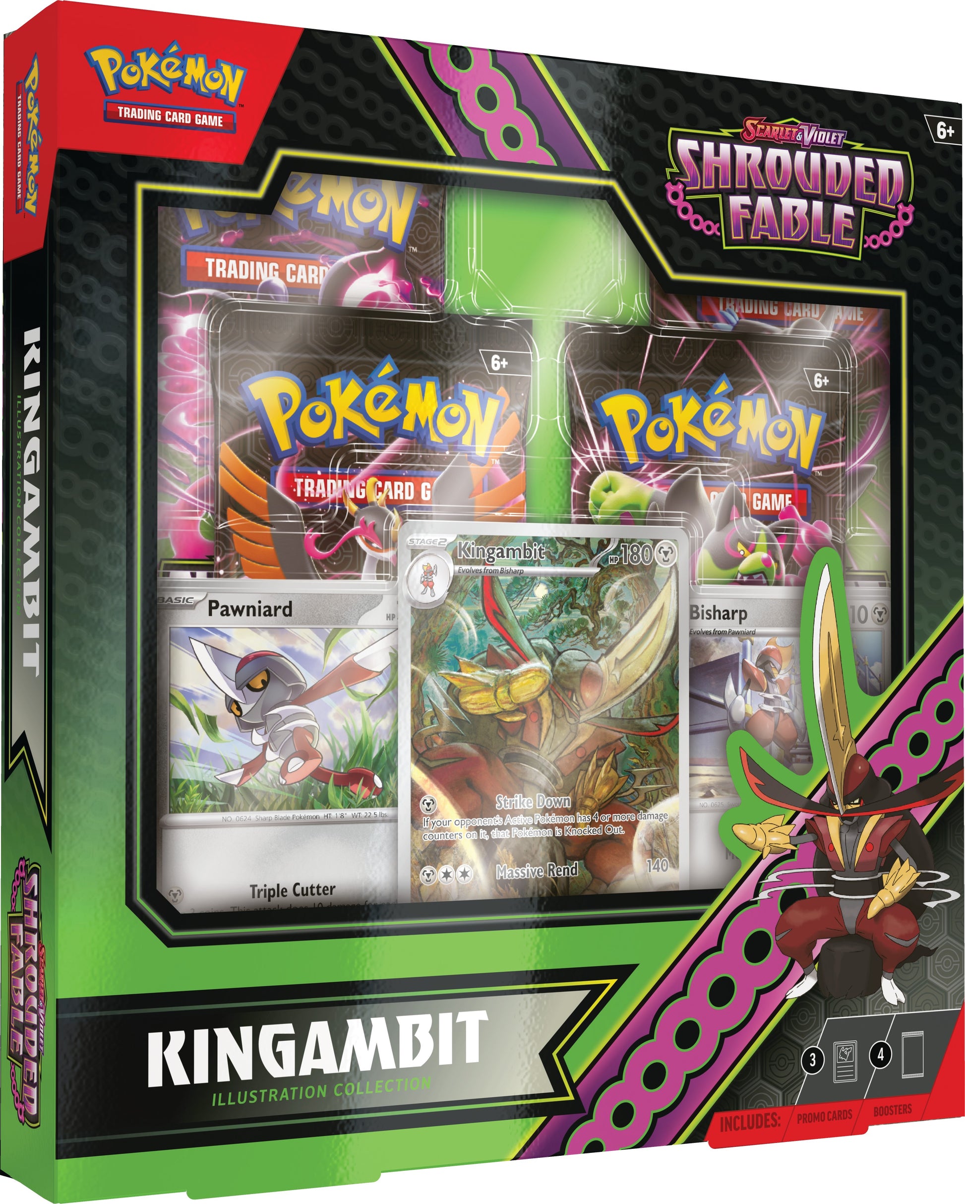 Pokémon TCG - Scarlet & Violet 6.5 Shrouded Fable - Kingambit Illustration Collection - Pokémon TCG Scarlet & Violet Kingambit card pack with collectible Kingambit illustration and vibrant green and purple themed