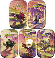 Pokémon TCG - Scarlet & Violet 6.5 Shrouded Fable - Mini Tins - Five rectangular metal Pokémon TCG mini tins featuring Scarlet & Violet theme with dynamic Pokémon artwork in vibrant colors.