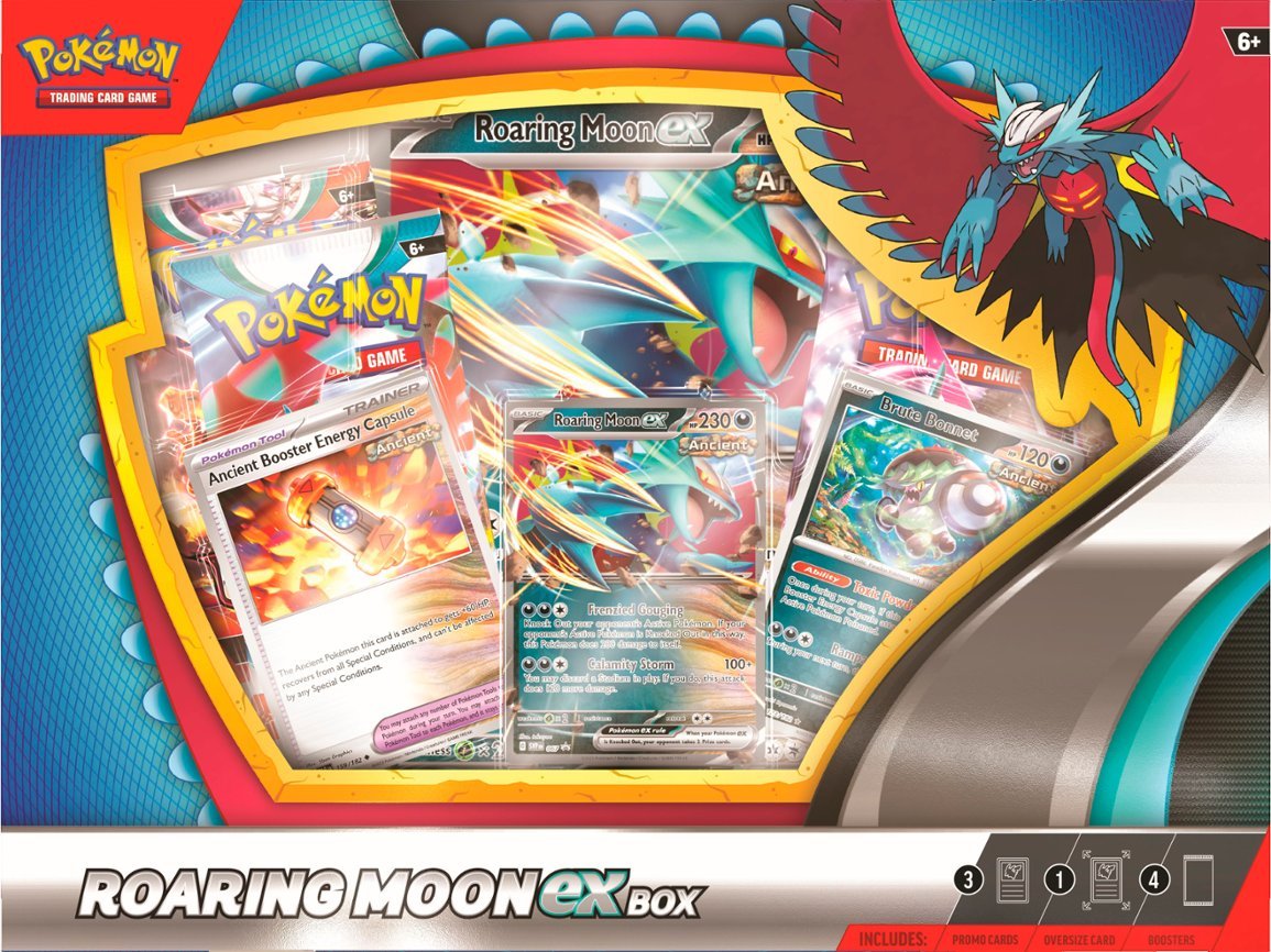 Pokemon: Roaring Moon Ex Box - Pokemon Roaring Moon EX Box featuring vibrant blue, red, and gold packaging with dynamic artwork of Roaring Moon and.