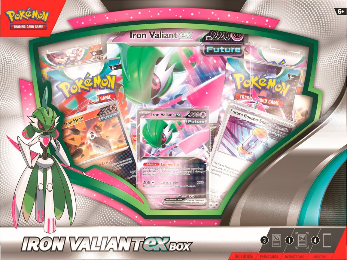 Pokemon: Iron Valiant Ex Box - Pokemon Iron Valiant Ex Box featuring colorful cards, vibrant artwork, and promotional card display with green and pink.