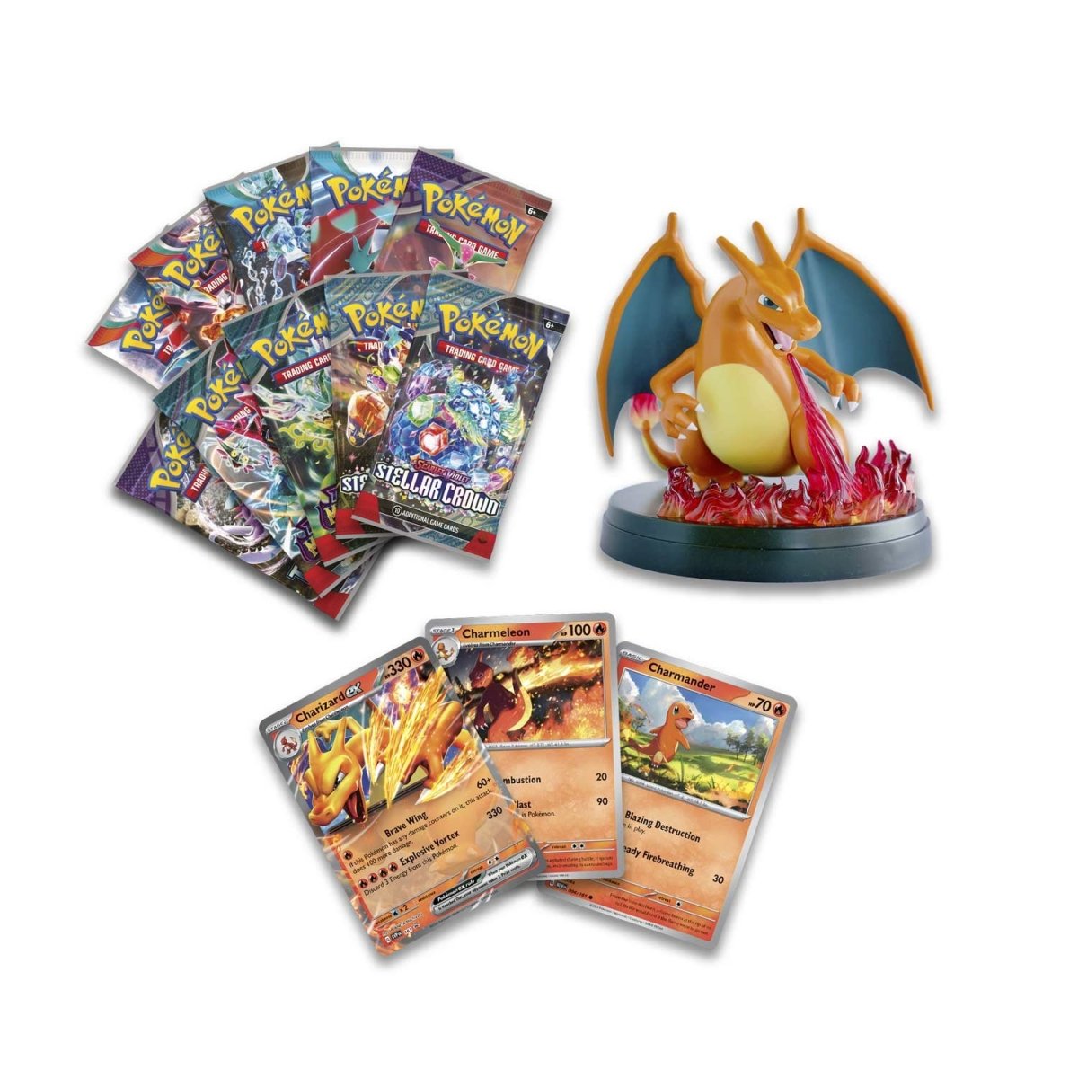 Pokemon Charizard ex Super Premium Collection - Charizard figure with blue wings and fiery base, surrounded by six colorful Pokémon trading card packs and three showcased.