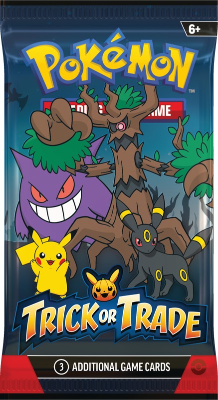 Pokémon 2024 Trick or Trade BOOster Bundle - Pokémon Trick or Trade booster bundle with blue packaging featuring Pikachu, Gengar, Umbreon, and tree-like Pokémon.