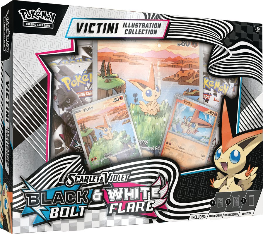 Pokemon TCG: Scarlet & Violet 10.5 - Unova Victini Illustration Collection - Pokemon TCG Scarlet & Violet Black Bolt White Flare Victini Illustration card collection in black and white themed box with.