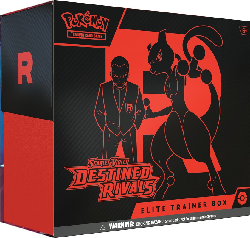 Pokemon TCG: Scarlet & Violet SV10 - Destined Rivals Elite Trainer Box - Black and red Pokemon TCG Scarlet & Violet Destined Rivals Elite Trainer Box with stylized Team Rocket and Mewtwo.