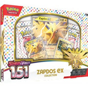 Pokémon: Scarlet and Violet 151: Zapdos Ex Box - Pokémon Scarlet and Violet 151 Zapdos Ex Box with yellow and black Zapdos card, booster packs, and gold Zapdos pin in.