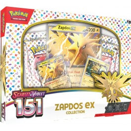 Pokémon: Scarlet and Violet 151: Zapdos Ex Box - Pokémon Scarlet and Violet 151 Zapdos Ex Box with yellow and black Zapdos card, booster packs, and gold Zapdos pin in.